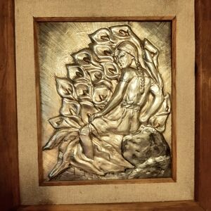 Punched Metal and Wooden Frame Woman surrounded by Calla Lillies